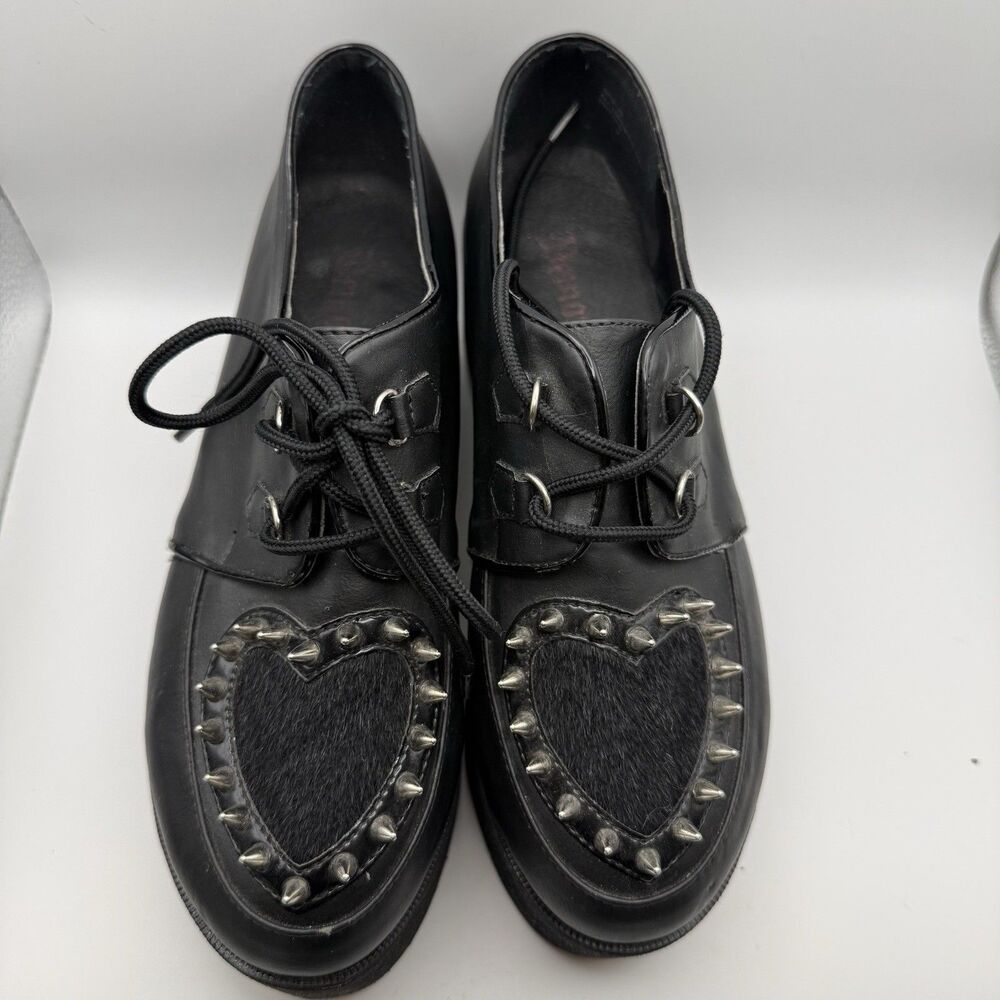 Demonia Size 8 Black Studded Heart Shoes Gothic Punk Lace-Up Platforms Vegan